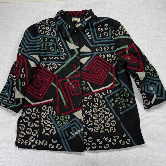 Vintage Anage Embroidered Wool Jacket Abstract Print Black Multi Size Chest 58" - Picture 1 of 13